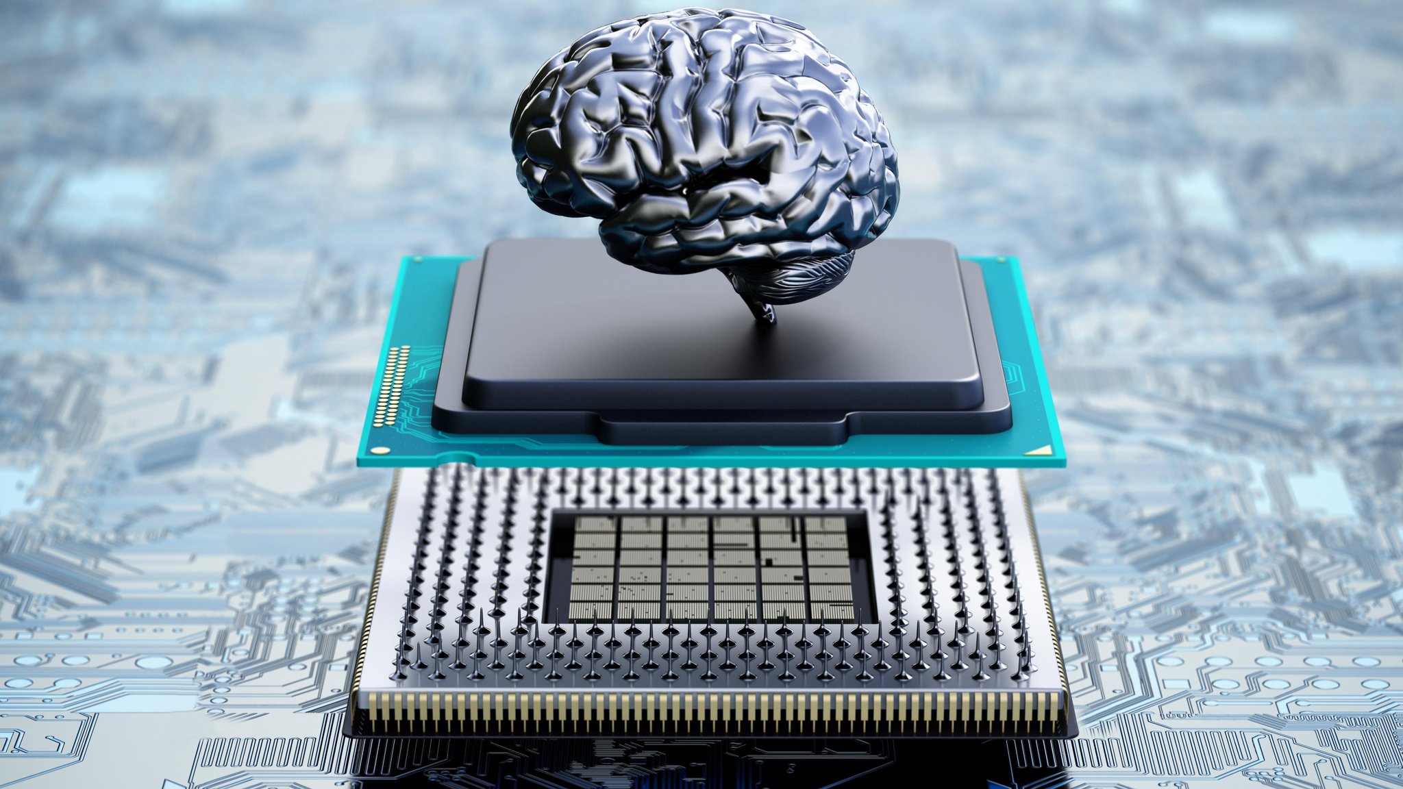 Chrome brain on the CPU installed on the mainboard. 3D illustration. 