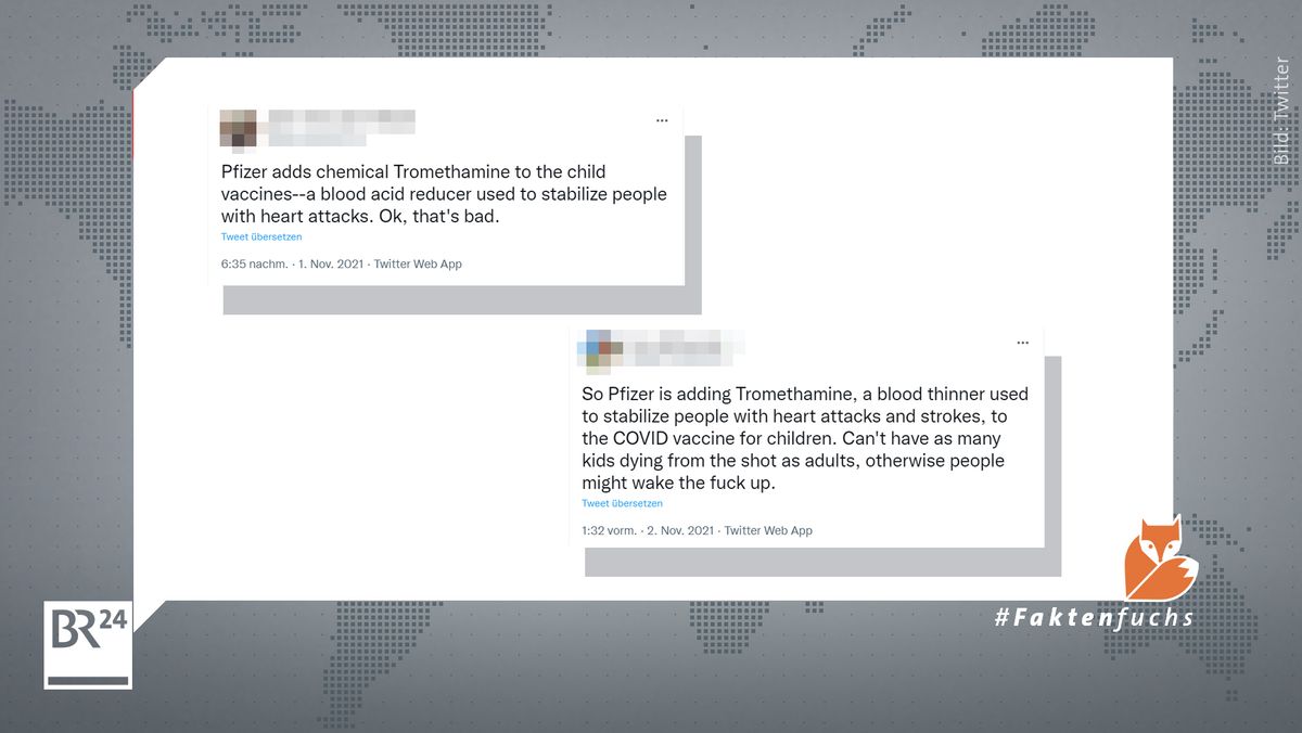 Der neue Inhaltsstoff Tromethamin wird von Verschwörungsgläubigen aufgegriffen und instrumentalisiert (Screenshots Twitter).