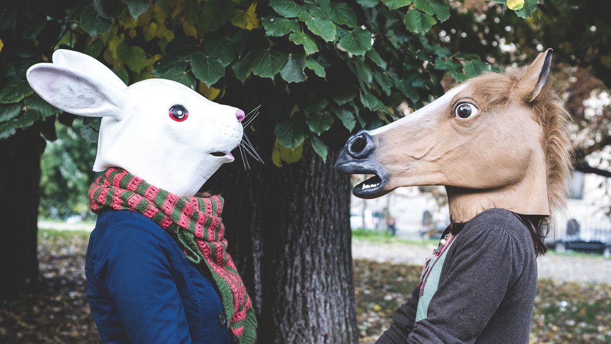 Zwei Menschen stehen sich gegenüber. Der eine hat eine Hasenmaske auf, der andere eine Pferdemaske.