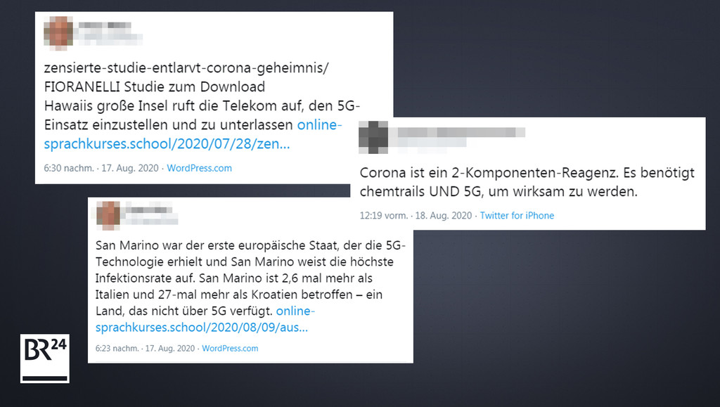 Beispiele für Tweets, die einen Zusammenhang zwischen Corona und 5G herstellen.