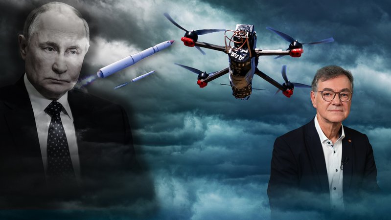 Links vorne Wladimir Putin, daneben zwei Hyperschallraketen und eine Fiber Optic FPV Drohne. Rechts Ralph Tiesler, Präsident des Bundesamtes für Bevölkerungsschutz und Katastrophenhilfe. | Bild: picture alliance/ ASS | Alexander Polegenko, M.i.S. | Bernd Feil, Zoonar | Alain de Maximy, CHROMORANGE | Linda Brotkorb, dpa/Russian President Press Office | Mikhail Metzel; BR Montage Links vorne Wladimir Putin, daneben zwei Hyperschallraketen und eine Fiber Optic FPV Drohne. Rechts Ralph Tiesler, Präsident des Bundesamtes für Bevölkerungsschutz und Katastrophenhilfe.