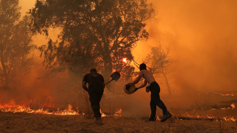 Rauch und Flammen steigen auf: Waldbrände toben unter anderem in Krioneri bei Athen. | Bild: picture alliance / Anadolu | Costas Baltas Rauch und Flammen steigen auf: Waldbrände toben unter anderem in Krioneri bei Athen.