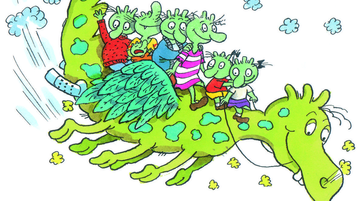 Ausschnitt aus einer Illustration von Erhard Dietl. Sie zeit die grünen Olchis, seine beliebten Kinderbuchfiguren.