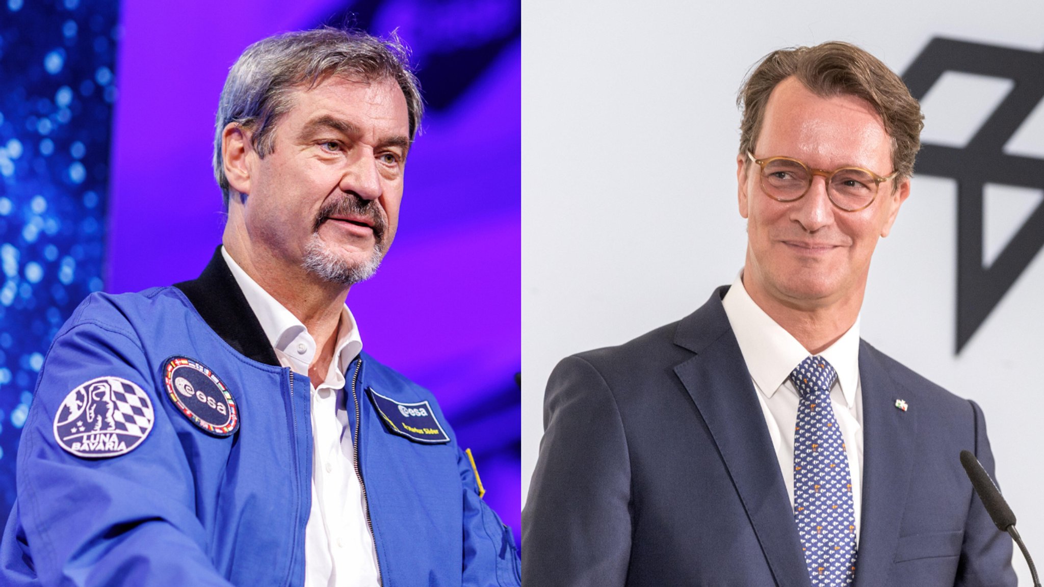 Wer macht die bessere Raumfahrtpolitik: Bayerns CSU-Ministerpräsident Markus Söder (links) oder NRW-Regierungschef Hendrik Wüst (CDU)?