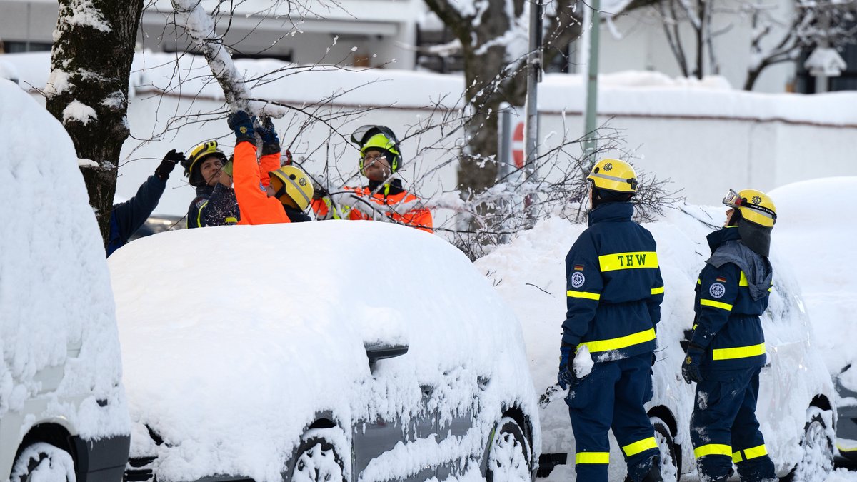 Einsatzkräfte des Technischen Hilfswerks (THW) kontrollieren in einer Straße in München durch die Schneelast beschädigte Bäume.