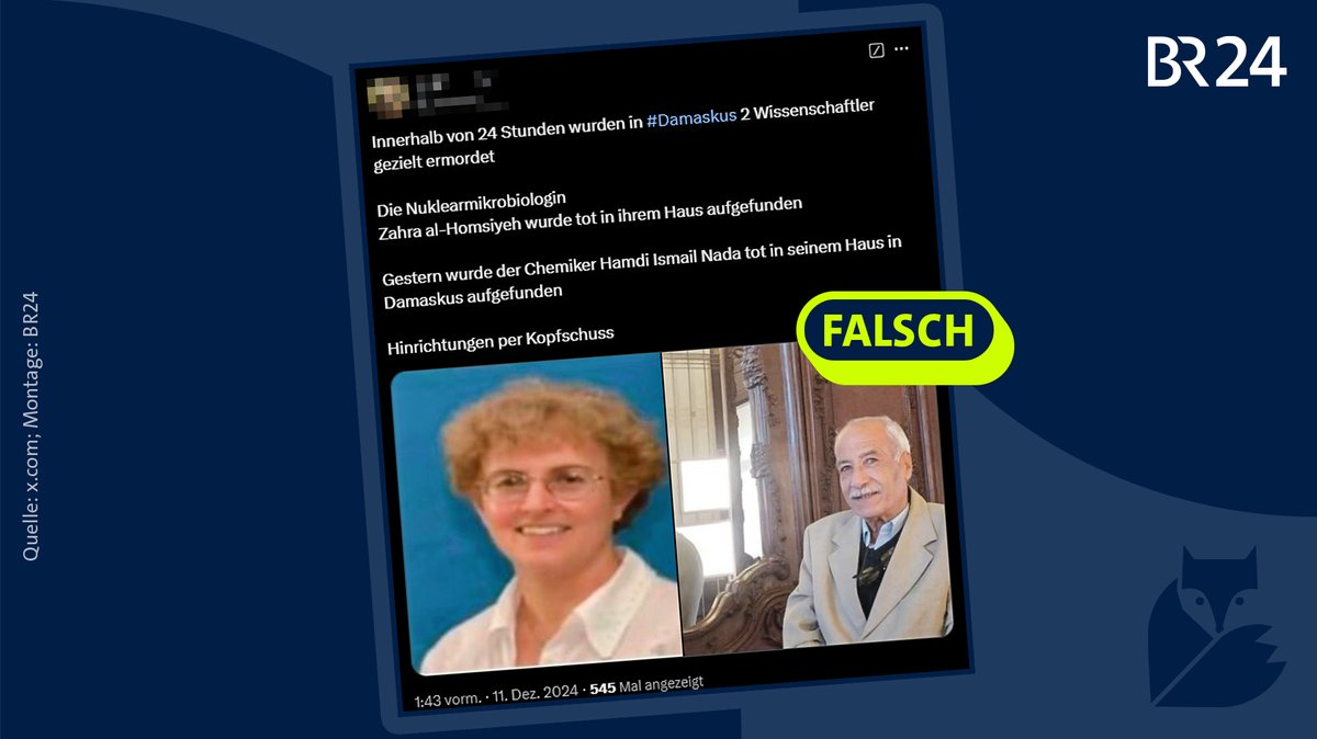 Das Bild zeigt einen Tweet auf x.com mit einer falschen Behauptung über ermordete syrische Wissenschaftler.