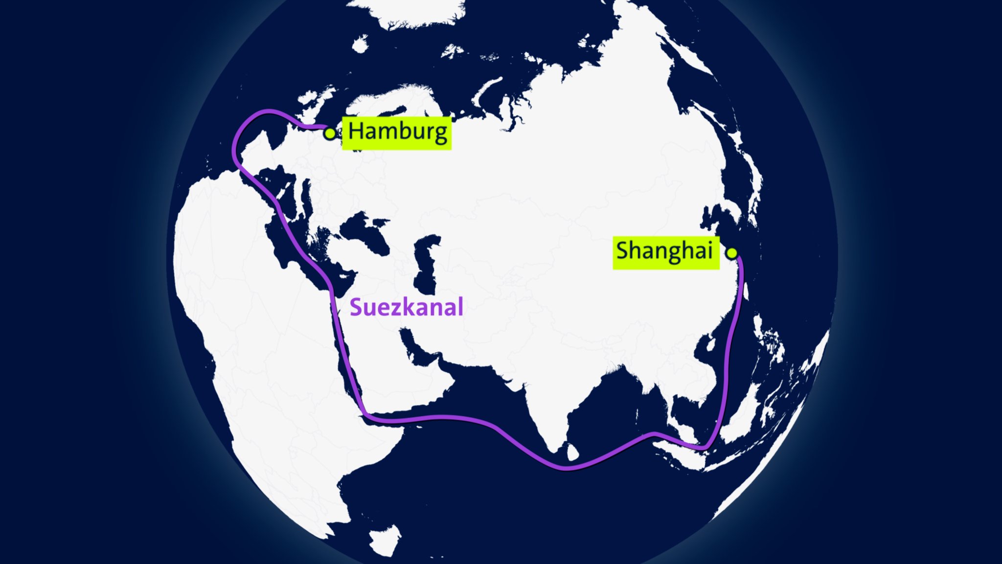 Karte der Schiffsroute Hamburg-Shanghai via Suezkanal | Bild: BR Karte der Schiffsroute Hamburg-Shanghai via Suezkanal