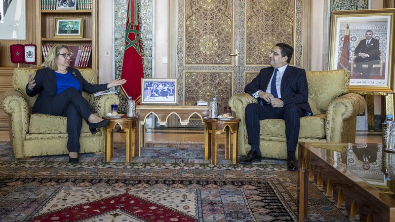 Svenja Schulze (SPD), Bundesministerin für wirtschaftliche Zusammenarbeit und Entwicklung, aufgenommen im Rahmen ihres Besuchs in Rabat am 25.1.2024, Marokko. Hier Treffen mit dem Aussenminister Nasser Bourita. 