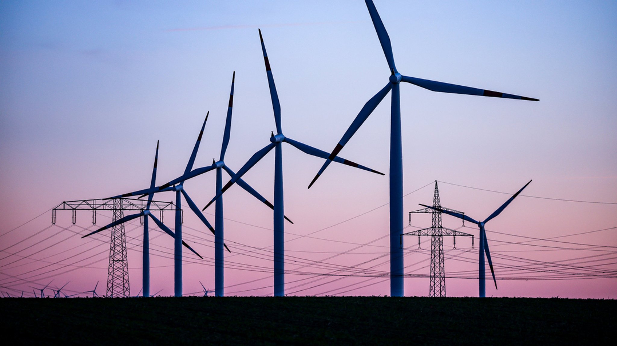 ARCHIV (04.10.2022) Sachsen-Anhalt, Leuna: Windkraftanlagen und Hochspannungsleitungen sind vor dem Abendhimmel bei Leuna zu sehen.