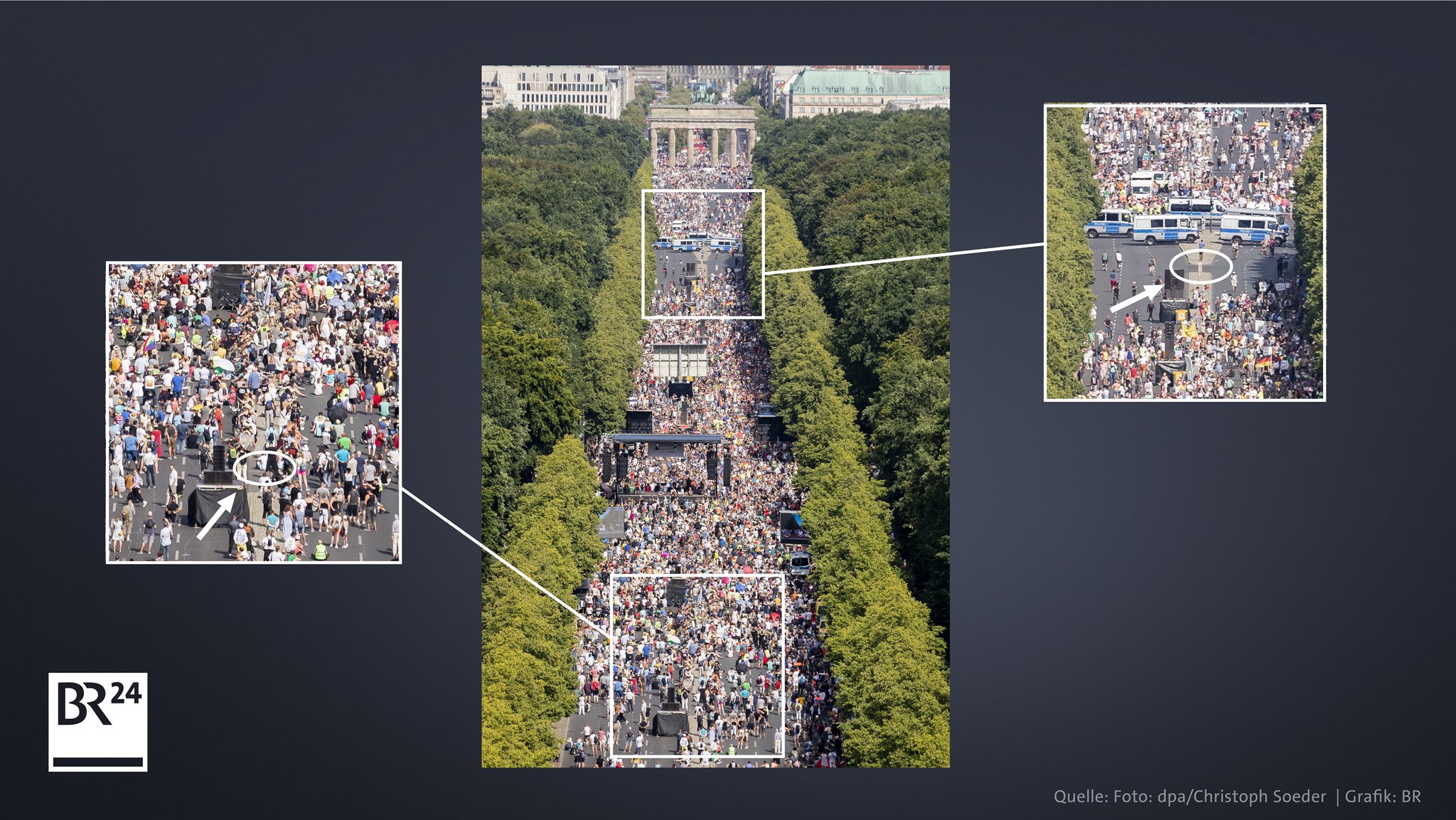 Markierungen der "Durchbrüche" auf der Straße des 17. Juni. Sie markieren grob Anfang und Ende der Kundgebung