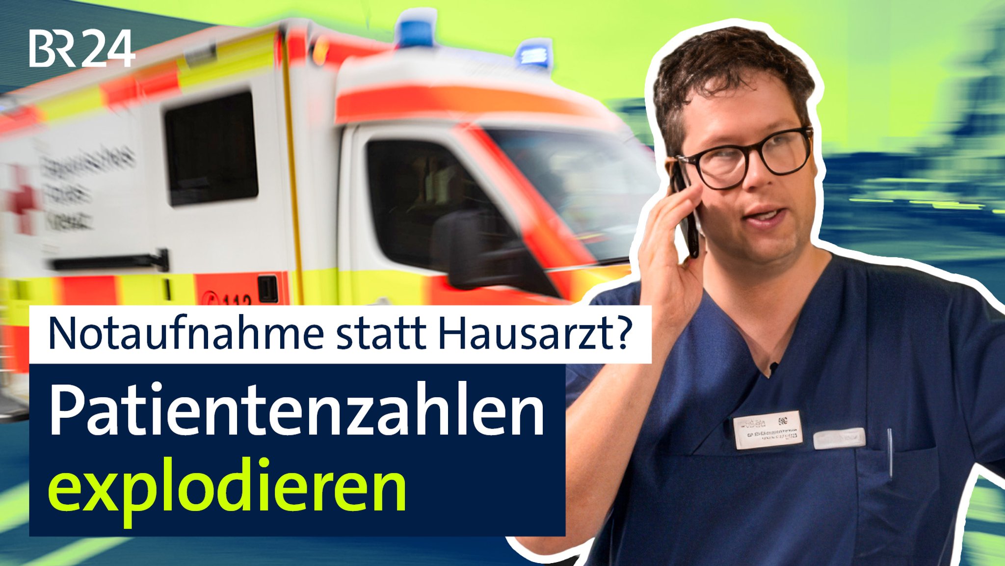 Das Vorschaubild für ein Video zeigt den Chefarzt der Notaufnahme beim Telefonieren und einen hereinfahrenden Krankenwagen