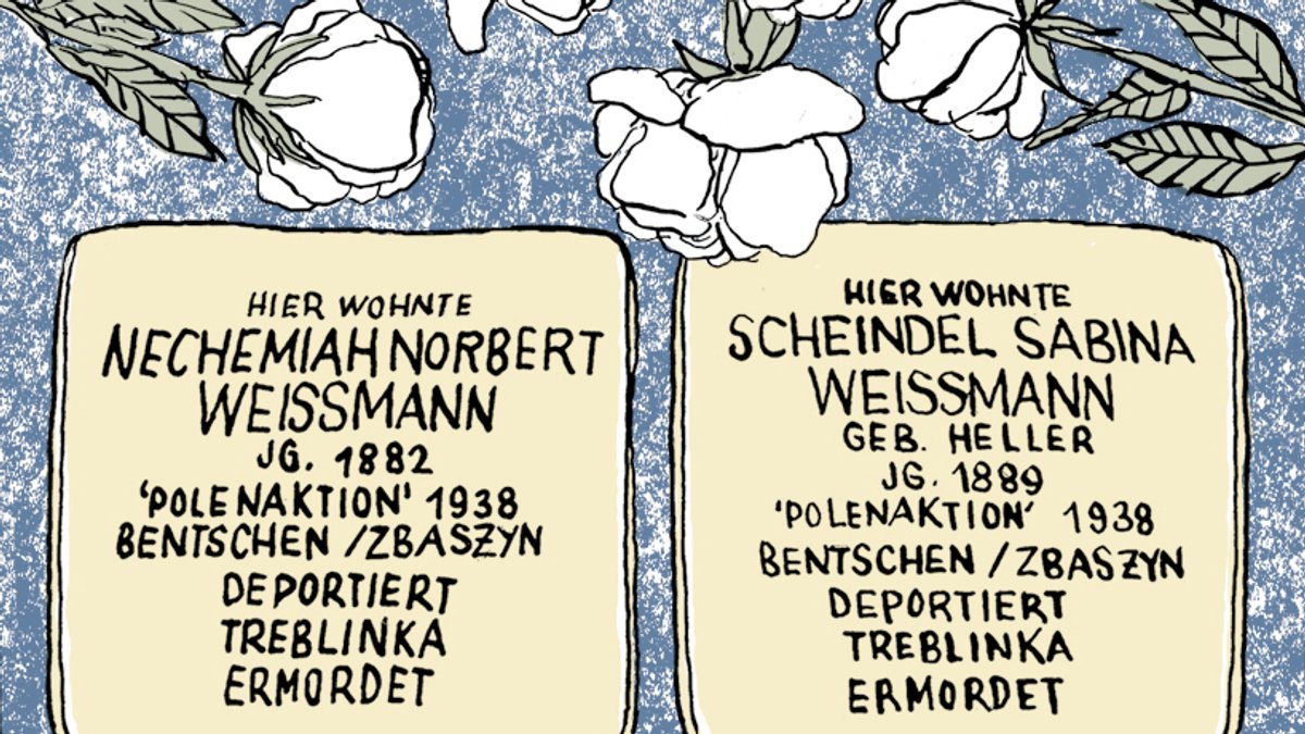 Szene aus Birgit Weyhes Comic über Lily Horn. Das Bild zeigt zwei Stolpersteine mit den Namen der Urgroßeltern von Lily Horn. Beide wurden von den Deutschen in Treblinka ermordet.