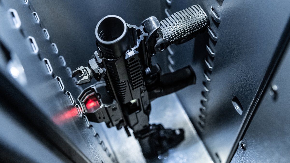 Eine Kurzwaffe, die in einem Anschlagschaft verbaut ist, steht in einem Waffenschrank eines Sportschützen (Symbolbild)
