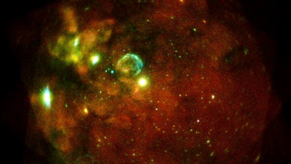 Dieses Bild zeigt unsere Nachbargalaxie, die Große Magellansche Wolke, beobachtet in mehreren Einzelaufnahmen mit allen sieben eROSITA-Teleskopmodulen am 18. und 19. Oktober 2019.
