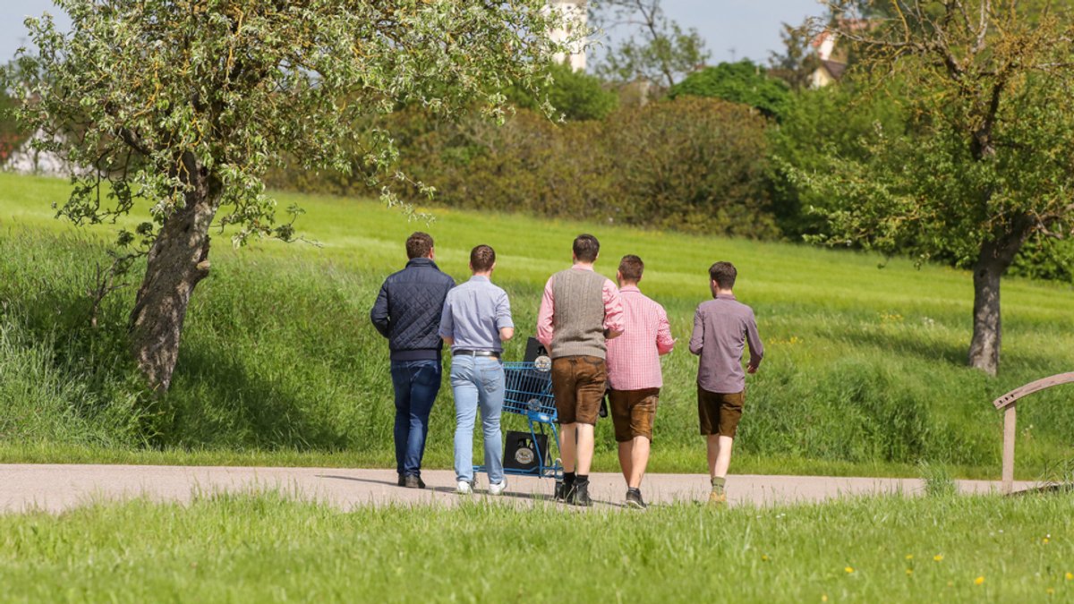 Männer sind am Vatertag mit einem Einkaufswagen auf einer Wanderung unterwegs (Symbolbild)