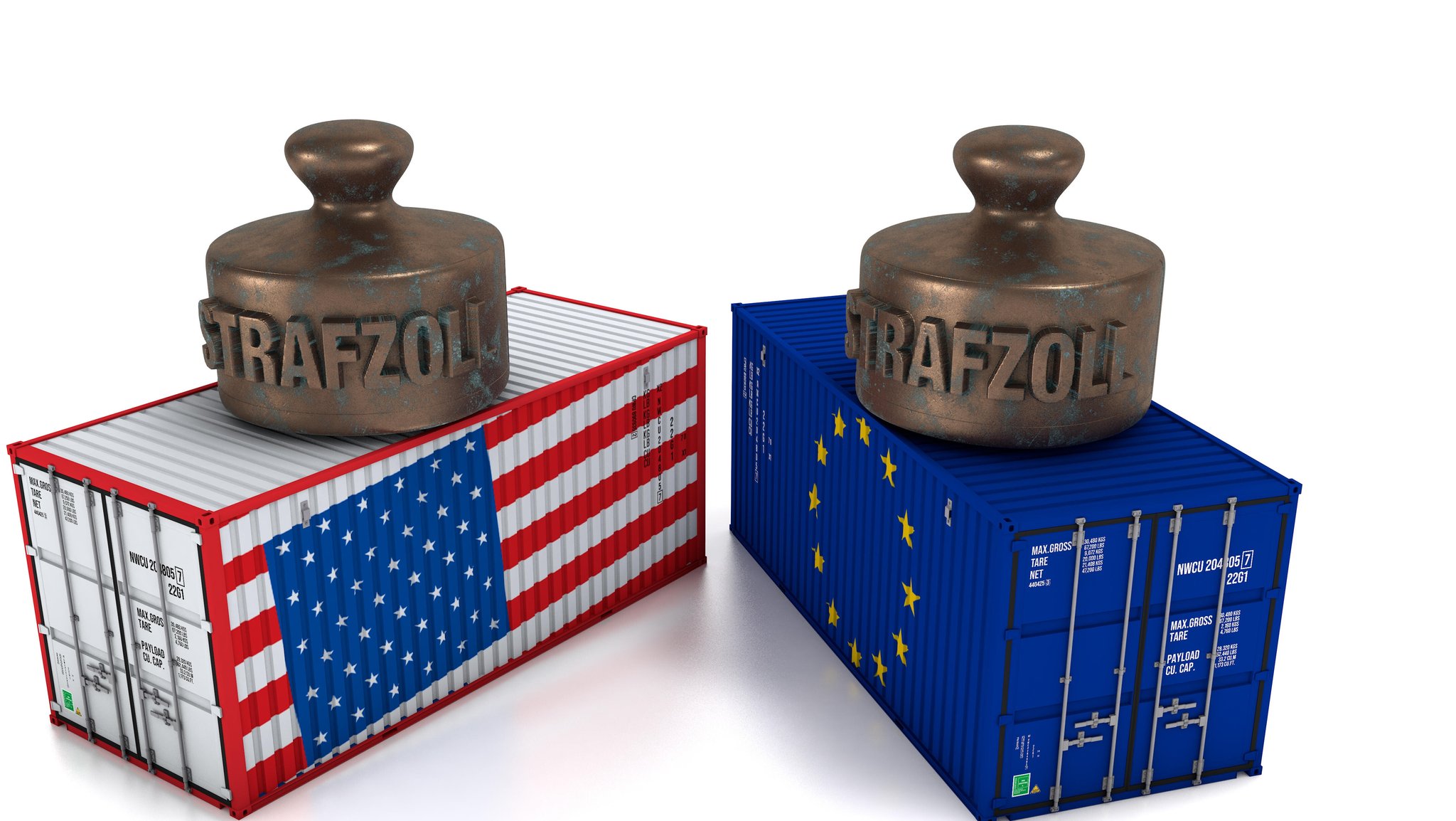 Zwei Container mit Flaggen von USA und EU