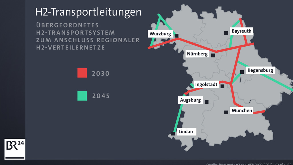 Karte geplanter Wasserstoffleitungen in Bayern