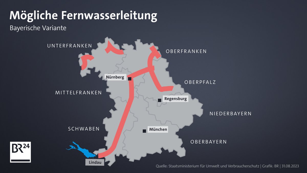 Mögliche Fernwasserleitungen vom Bodensee in Richtung Norden und Osten Bayerns