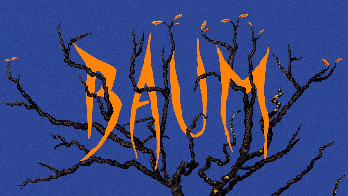 Zeichnung eines Baums auf dunkelblauem Hintergrund mit dem dem Wort "BAUM" in Orange