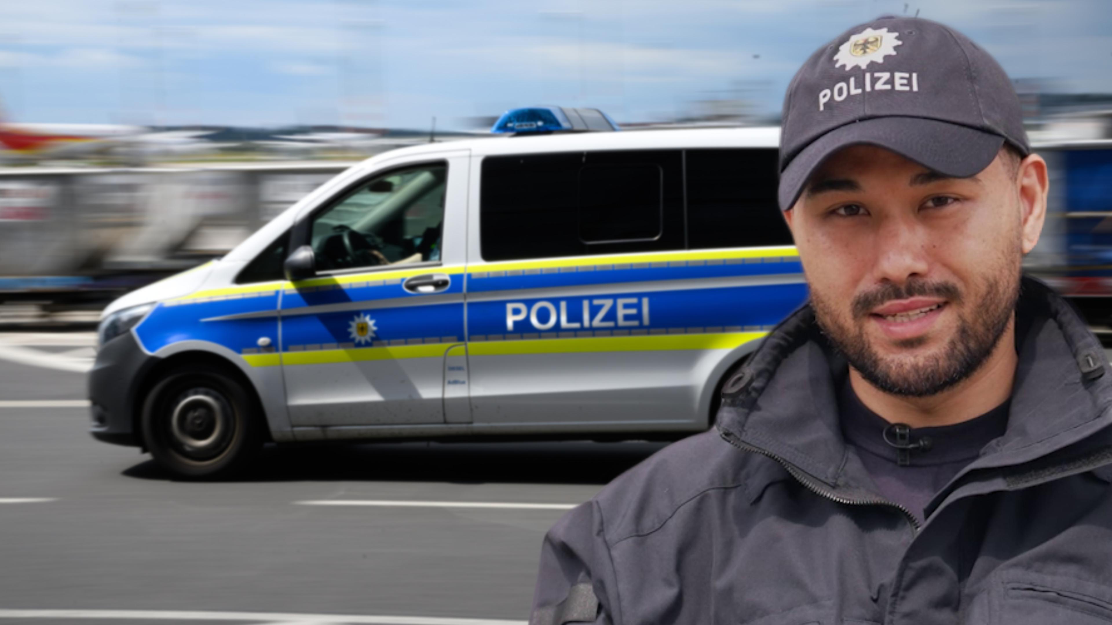 David absolviert das dreijährige Studium für den gehobenen Polizeivollzugsdienst der Bundespolizei. Im Hintergrund ist ein Polizeifahrzeug zu sehen.