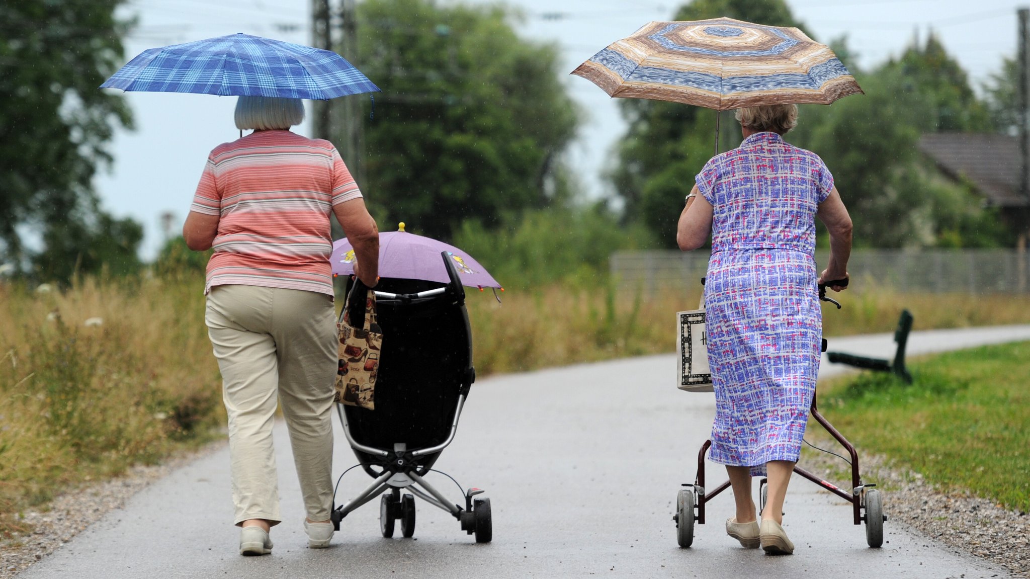 Zwei ältere Damen gehen am 28.07.2012 in Starnberg (Oberbayern) mit einem Kinderwagen und einem Rollator einen Weg entlang. | Bild: dpa/pa/Tobias Hase Zwei ältere Damen gehen am 28.07.2012 in Starnberg (Oberbayern) mit einem Kinderwagen und einem Rollator einen Weg entlang.