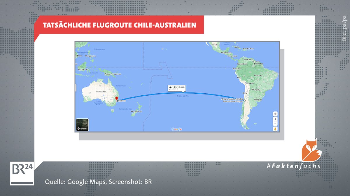So wird die Flugroute für einen Flug von Chile nach Australien auf Google Maps angezeigt.