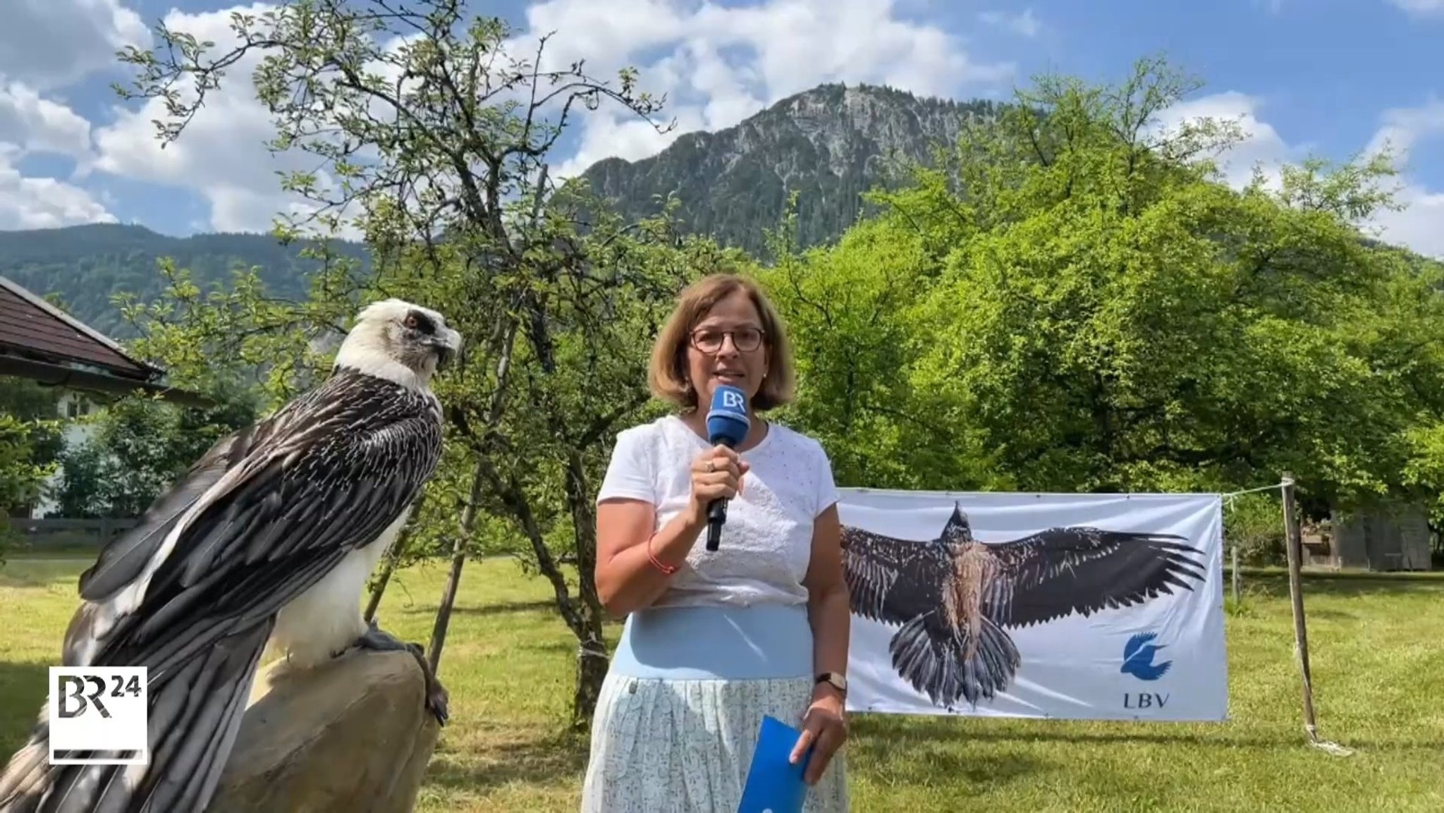 Chiemgau-Korrespondentin Christine Haberlander, neben ihr ein ausgestopfter Bartgeier