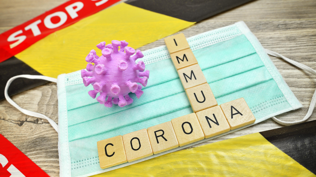 Spielbuchstaben bilden die Worte Corona und immun auf einer Schutzmaske