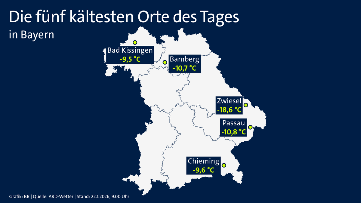 Auf einer Karte: Die fünf kältesten Orte Bayerns. | Bild: BR24 Auf einer Karte: Die fünf kältesten Orte Bayerns.