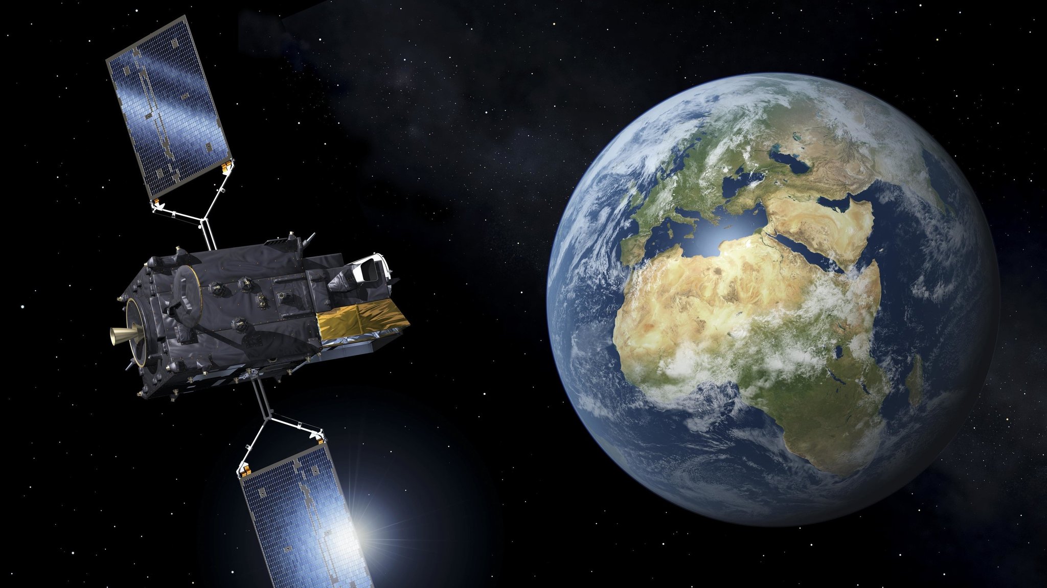 Satellit im Weltraum, vor Erde