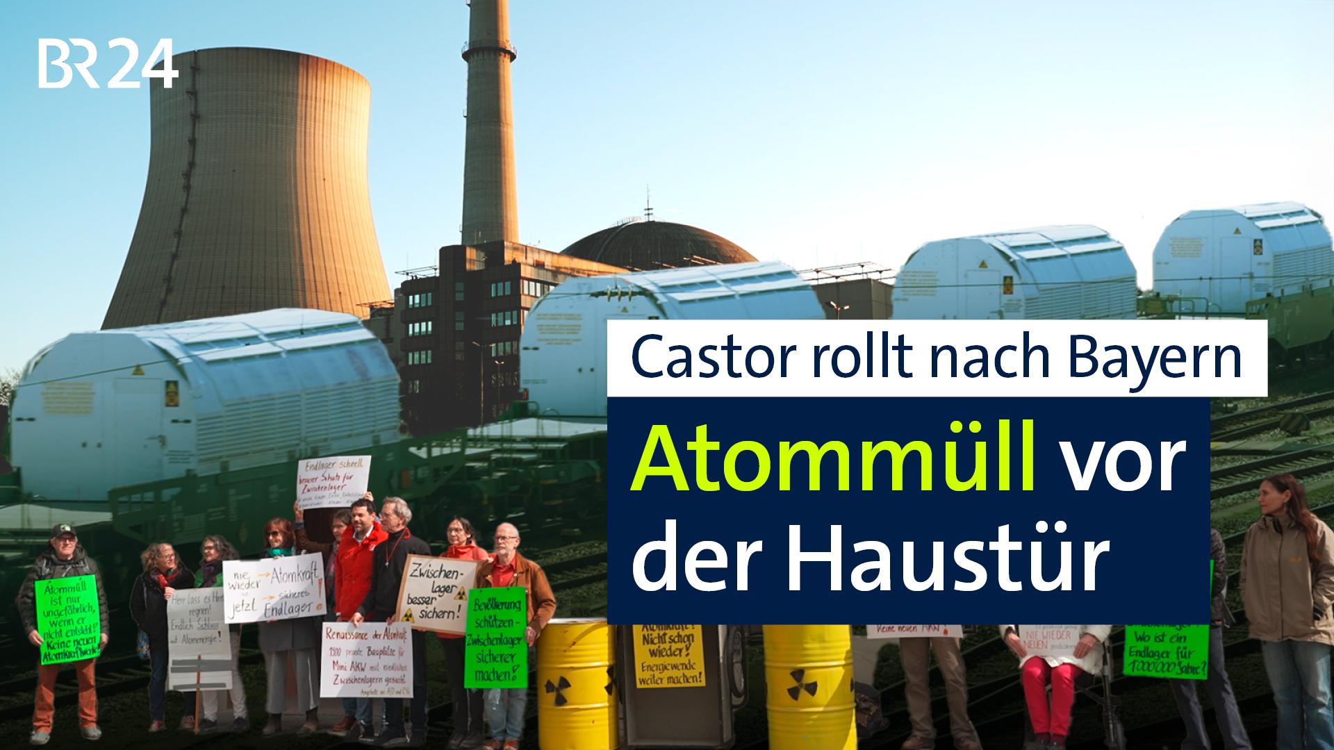 Collage: Menschen demonstrieren gegen Atomkraft, vor Castor-Zug und AKW Isar 2.