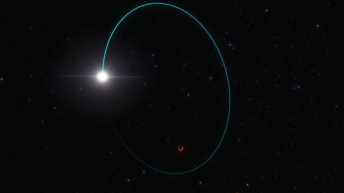 Im Weltraum ist ein Schwarzes Loch durch einen kleinen orange-farbigen Kreis dargestellt. Dieses Schwarze Loch wird von einem Stern umkreist, der als hell leuchtender Punkt dargestellt wird. Seine Umlaufbahn ist in blauer Farbe eingezeichnet. 