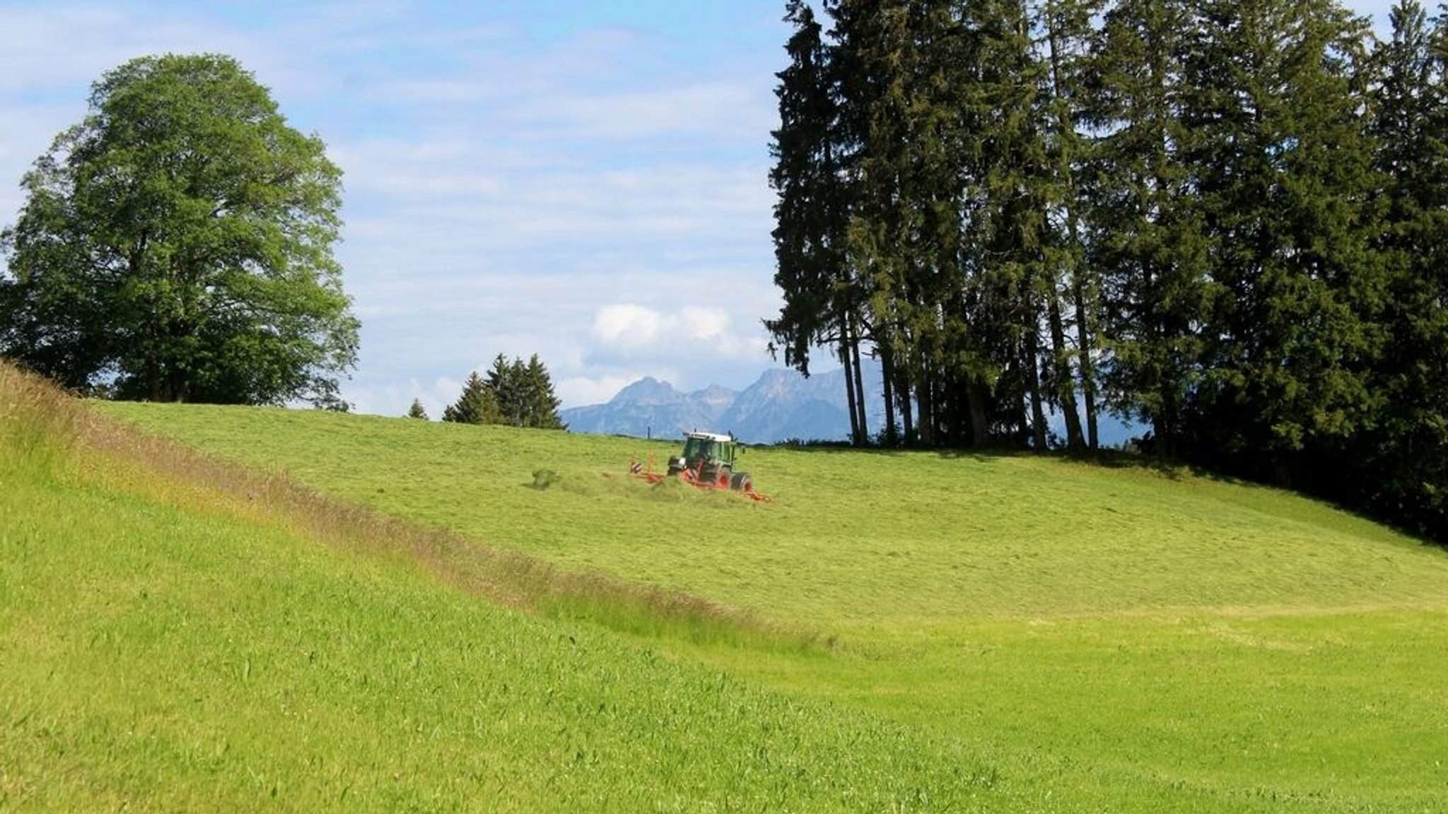 Ein Bauer mit landwirtschaftlichem Gerät mäht eine Wiese.