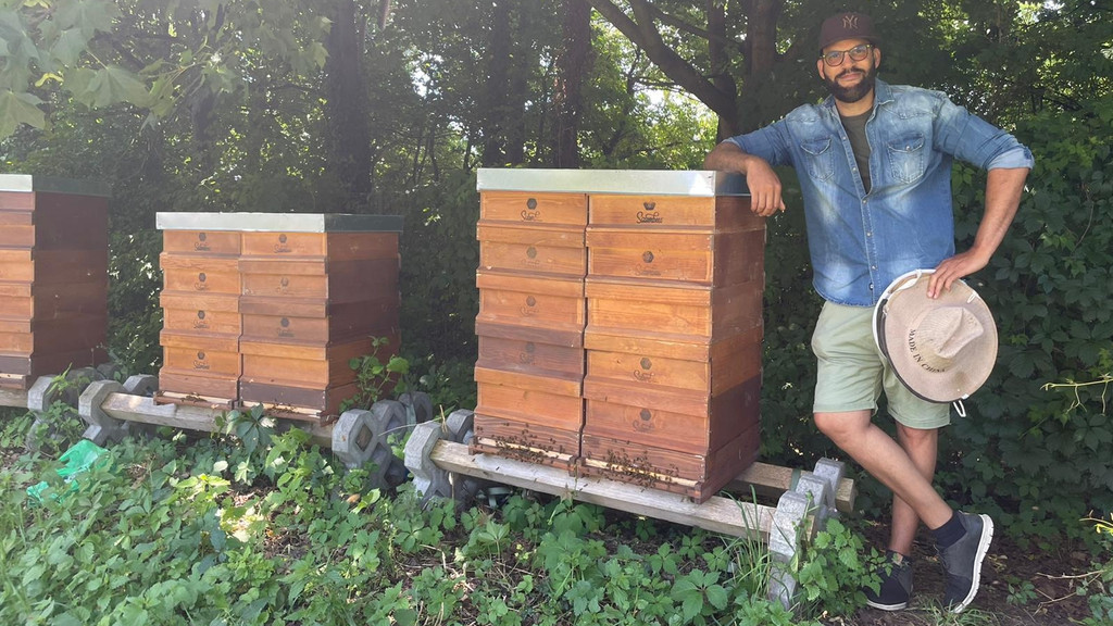 drei Bienenstöcke aus gestapelten Holzkisten, auf einem lehnt Imkermeister Eduard Obika.