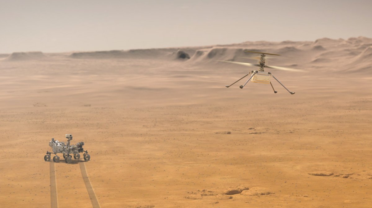 Mars-Rover Perseverance unterstützt den Mars-Hubschrauber Ingenuity (Illustration)