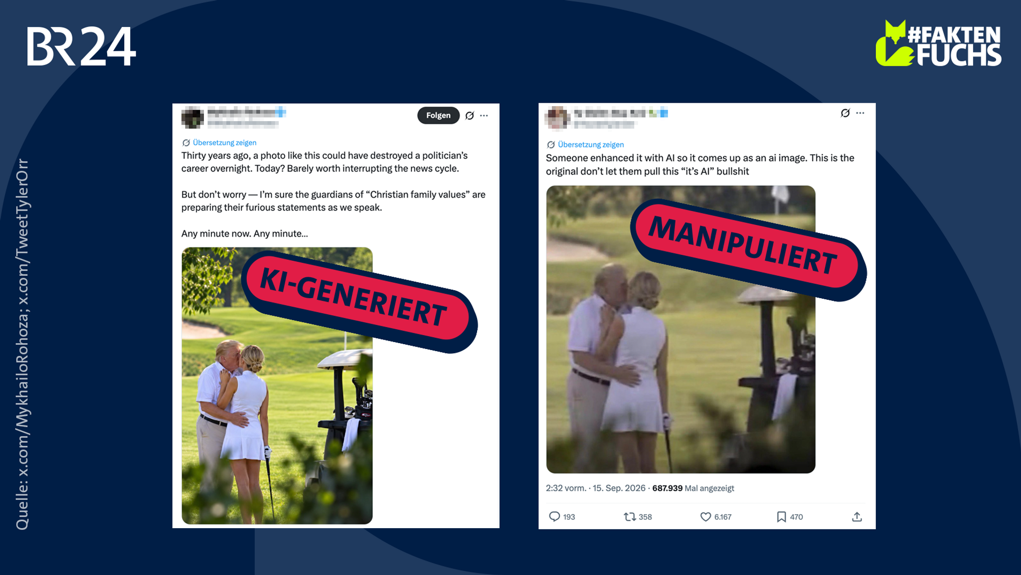 Versionen des Bilds von Trump und einer Frau, von denen das linke KI-generiert ist – das rechte wurde manipuliert, um Fehler zu kaschieren.