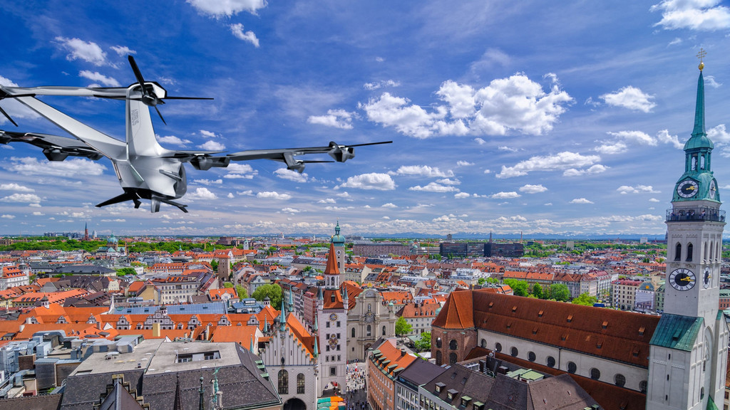 Ein Flugtaxi fliegt in einer Animation über München