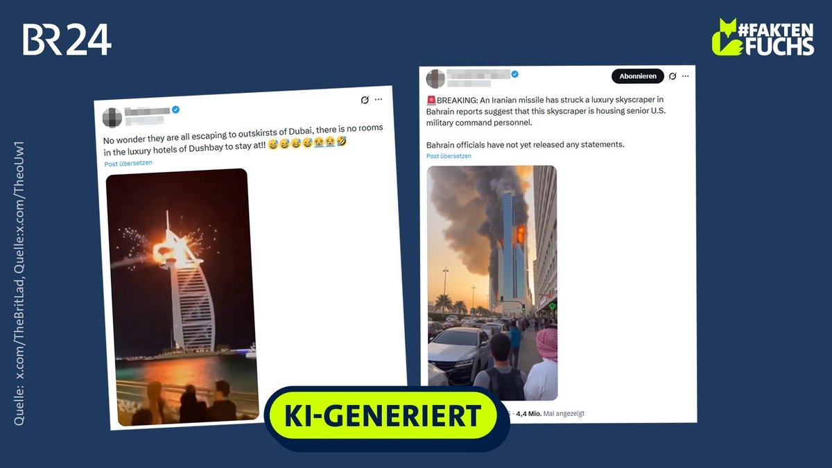 Screenshots zweier X-Posts. Links ein Post mit einem KI-Fake, der behauptet, ein Wolkenkratzer in Dubai sei angegriffen worden. Rechts ein X-Post mit einem KI-Fake, der behauptet, ein Wolkenkratzer in Bahrain sei getroffen worden.
