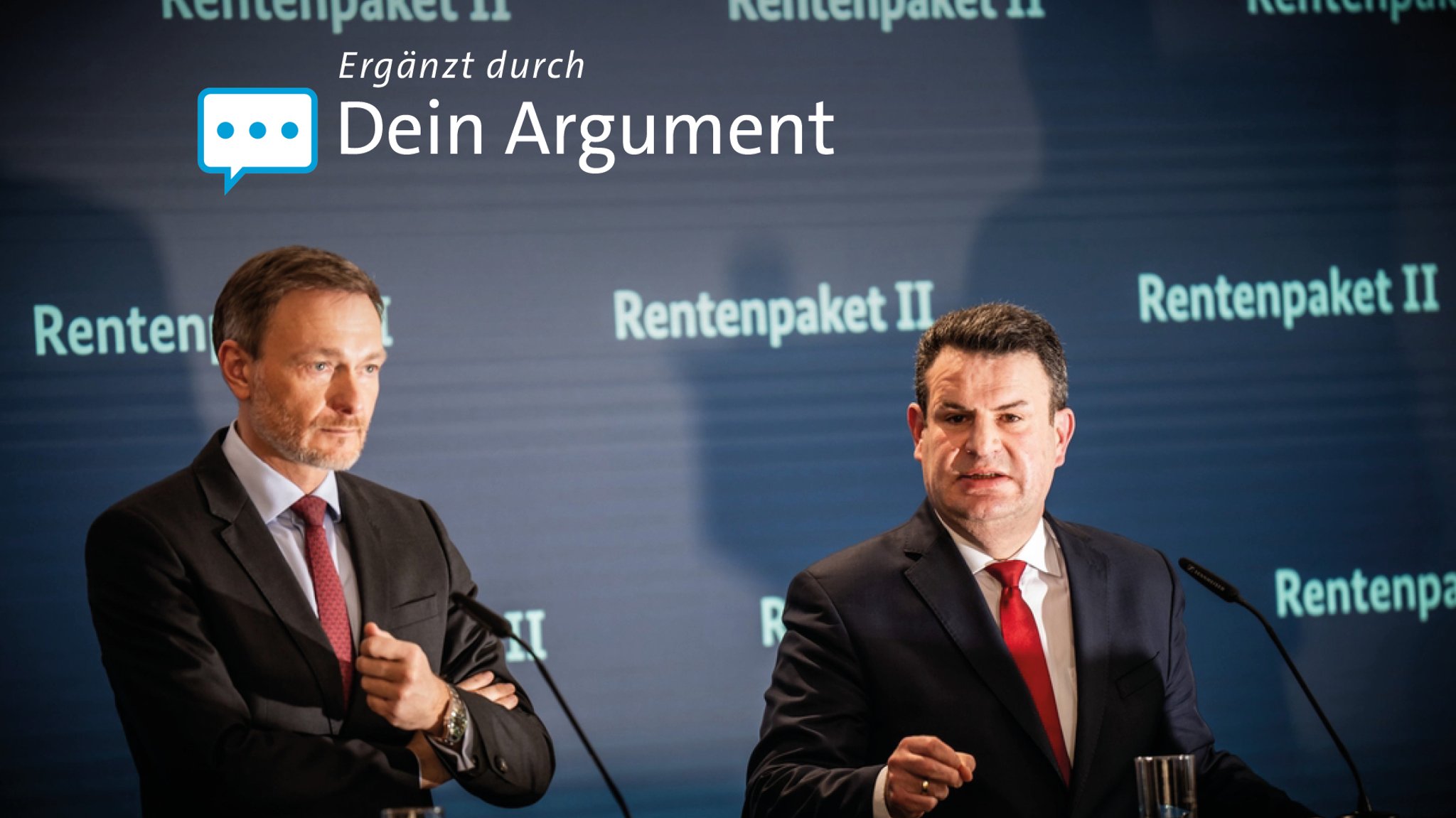 Hubertus Heil (SPD), Bundesminister für Arbeit und Soziales, spricht neben Christian Lindner (FDP), Bundesminister der Finanzen, bei einem Pressestatement zum geplanten Rentenpaket II.