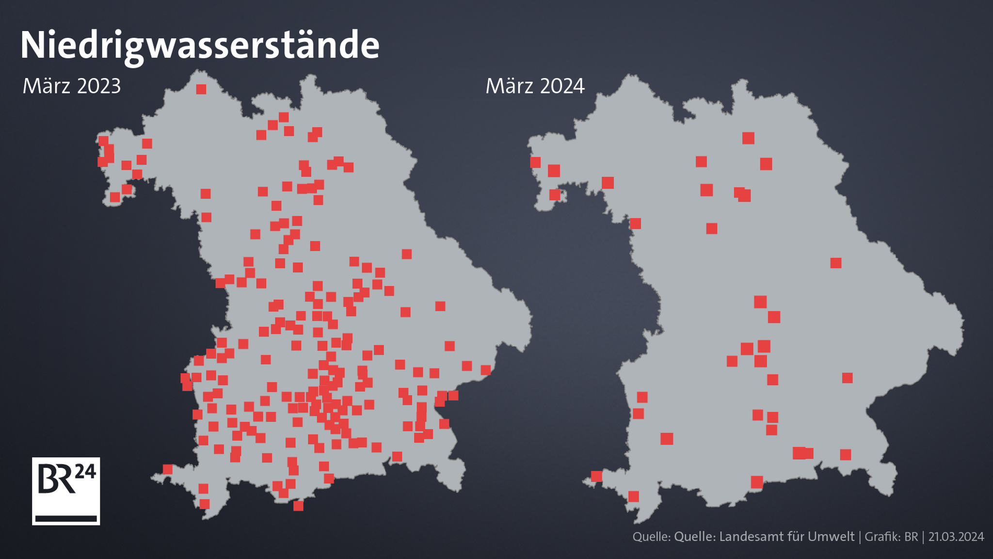 Oberflächennahe Grundwasserpegel mit Niedrigstand im März 2023 und März 2024