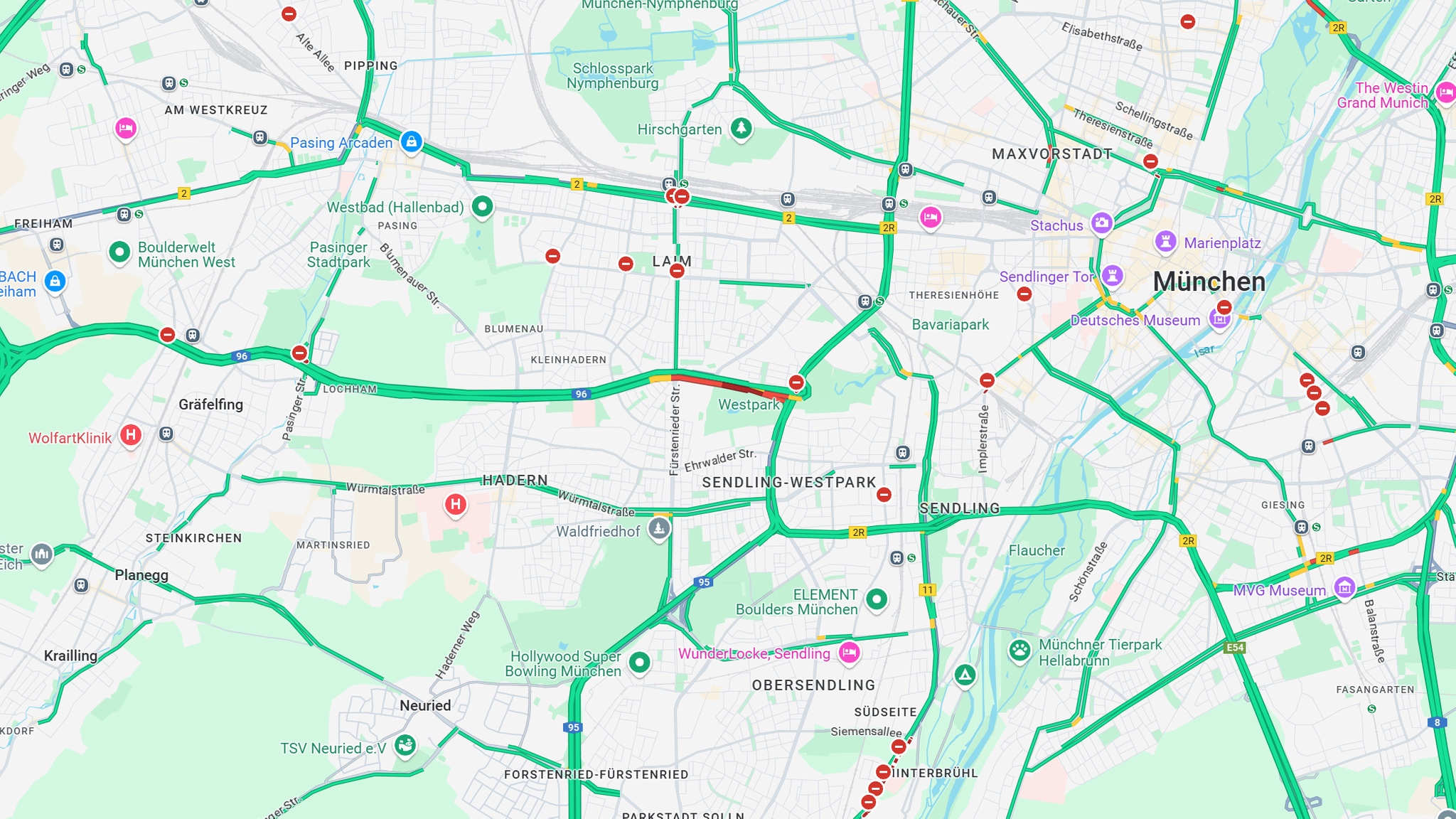 Im Navigationsdienst Google Maps werden heute diverse Straßen und Autobahnen als gesperrt angezeigt, obwohl diese es nicht sind. | Bild: Screenshot Google Maps Im Navigationsdienst Google Maps werden heute diverse Straßen und Autobahnen als gesperrt angezeigt, obwohl diese es nicht sind.
