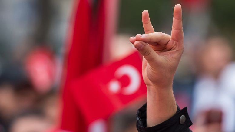 Der Wolfsgruß, wie auf dieser Demo, ist ein Zeichen türkischer Rechtsextremisten. Der harmlose Schweigefuchs in Schulen sieht genauso aus.  | Bild:Picture Alliance/dpa/Peter Kneffel