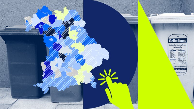 Collage: Mülltonnen im Hintergrund und eine Bayernkarte im Vordergrund. | Bild: pa/Ulrich Baumgarten; Montage: BR Collage: Mülltonnen im Hintergrund und eine Bayernkarte im Vordergrund.