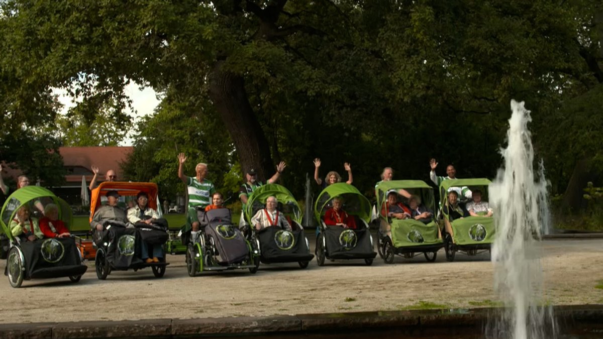 Mehrere grüne Rikschas mit Fahrern und Passagieren stehen in einem Park in einer Reihe.
