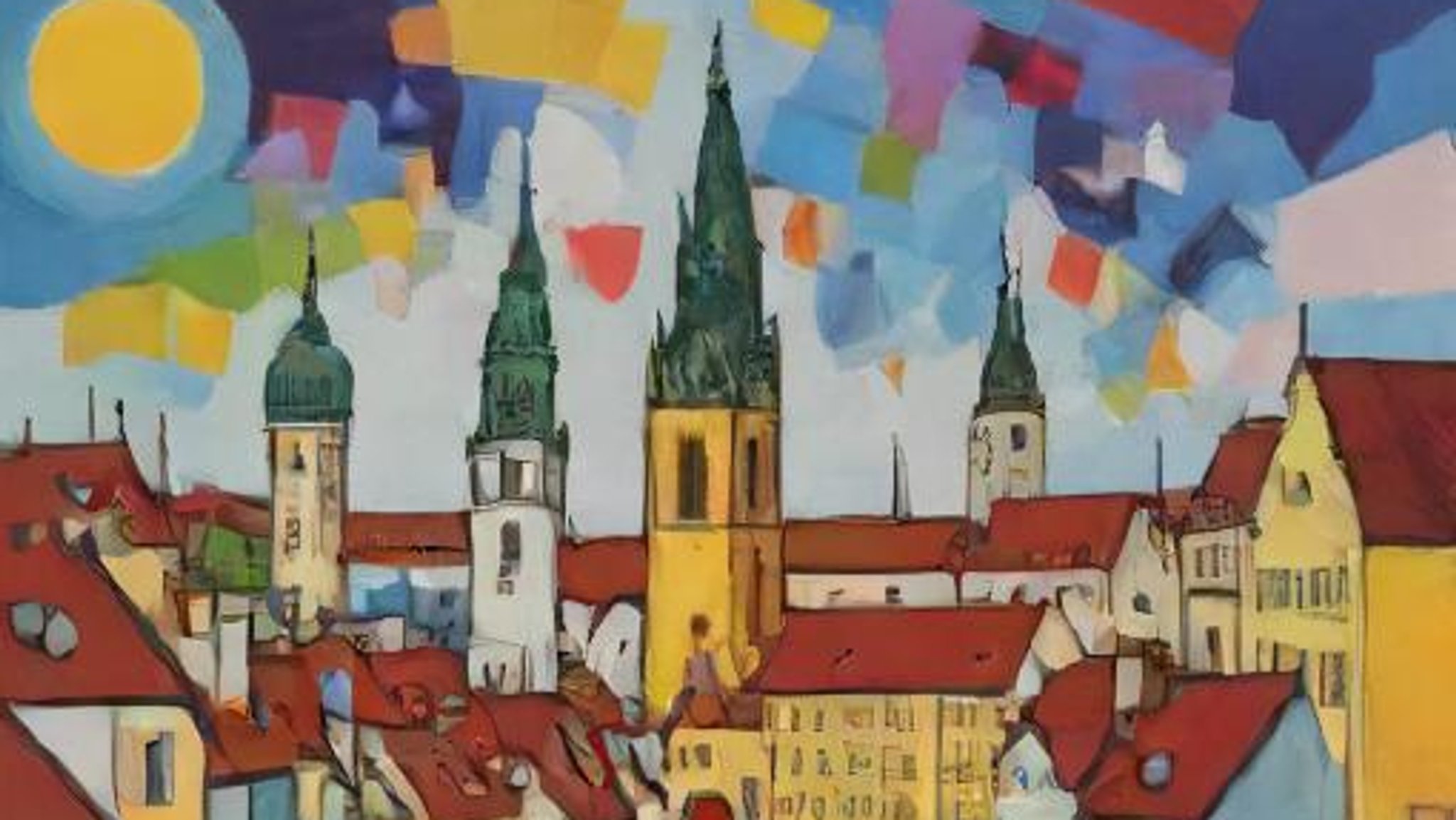 Output einer KI, die ein Bild von München im Stil von Wassily Kandinsky generieren soll.