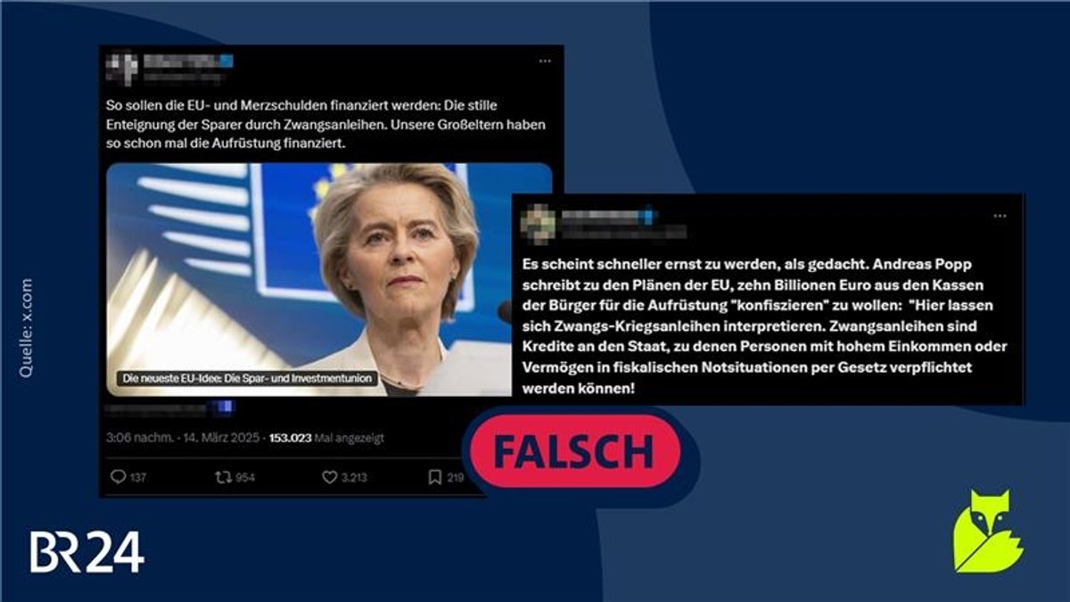 Zwei Screenshots von "X"-Posts, auf denen behauptet wird, die Europäische Union wolle Sparern ihr Geld wegnehmen. | Bild: BR Grafik Zwei Screenshots von "X"-Posts, auf denen behauptet wird, die Europäische Union wolle Sparern ihr Geld wegnehmen.