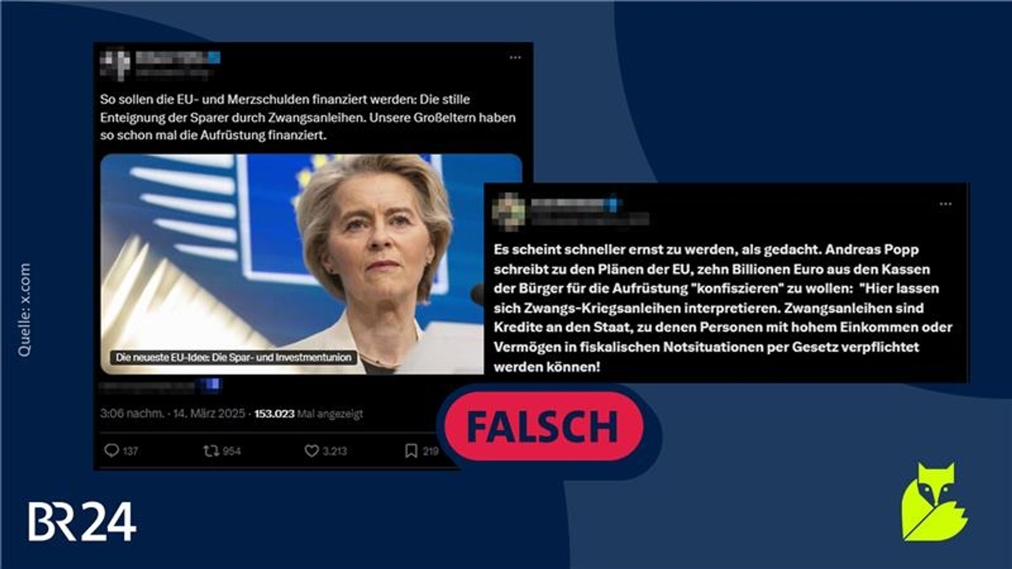 Zwei Screenshots von "X"-Posts, auf denen behauptet wird, die Europäische Union wolle Sparern ihr Geld wegnehmen.
