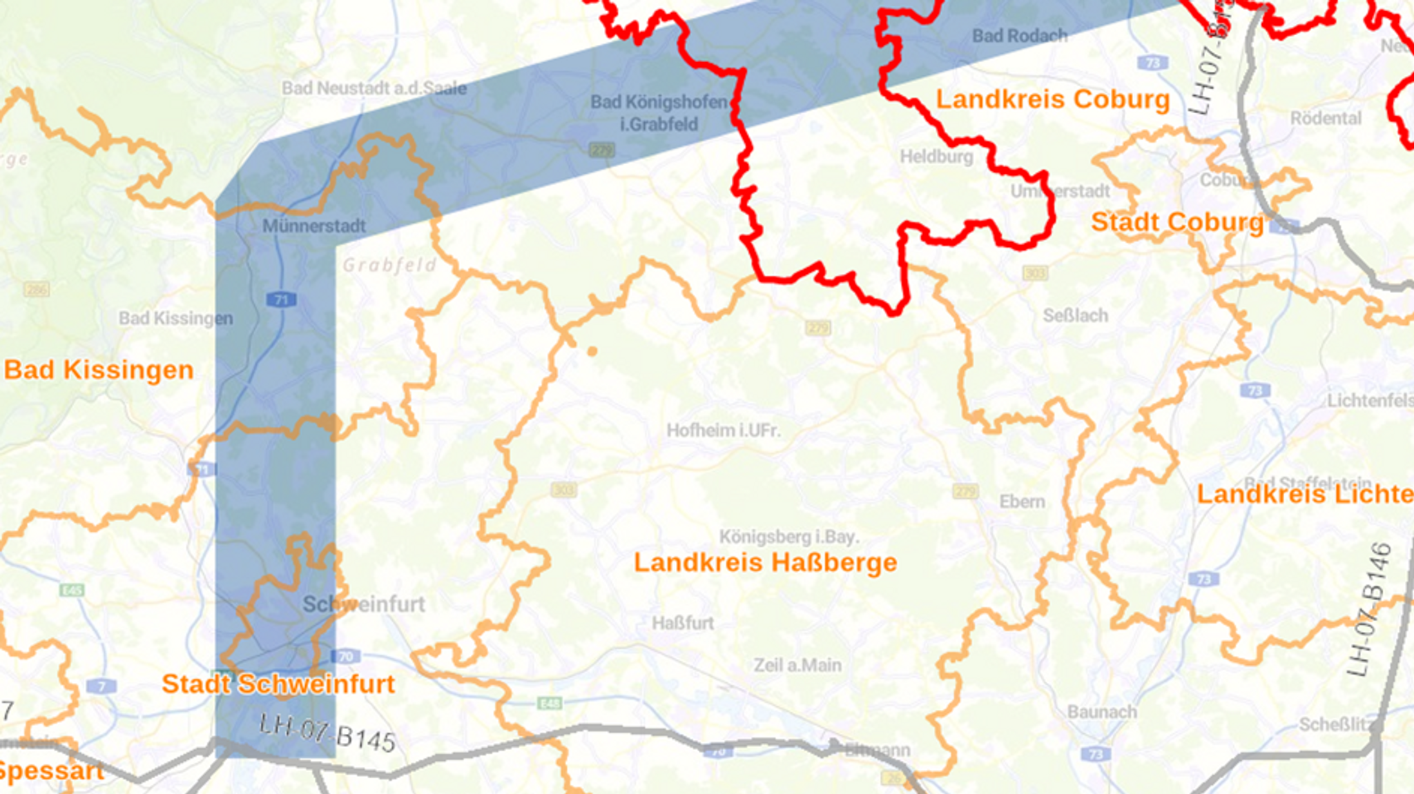 Übersicht zum Projekt P540 (Leitungsverlauf steht noch nicht fest) - vormals P44 über Thüringen und den Lkr. Bad Kissingen nach Grafenrheinfeld.