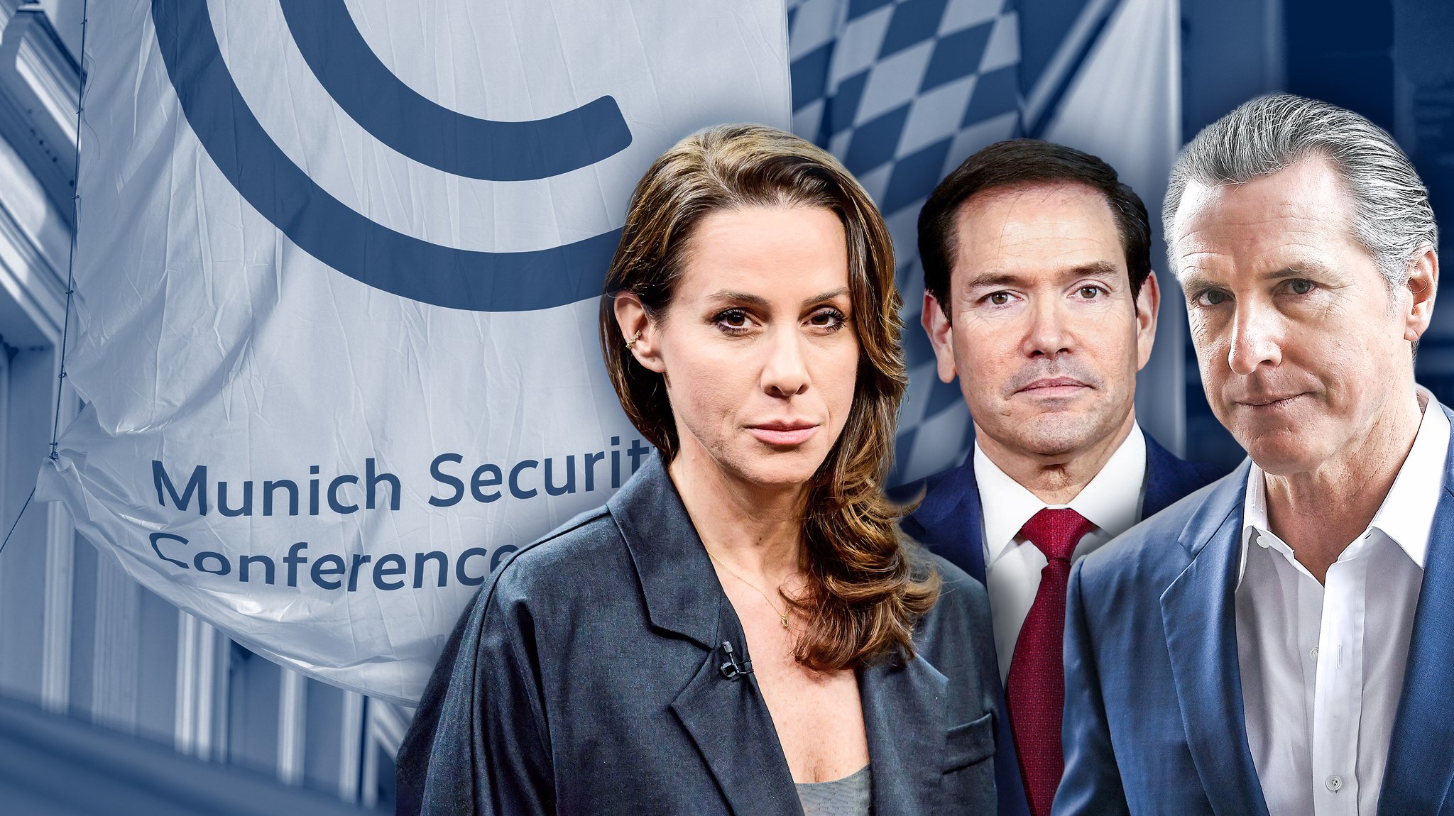 Natalie Amiri, Marco Rubio und Gavin Newsom, im Hintergrund eine Fahne mit dem Emblem der Sicherheitskonferenz an der Fassade des Bayerischen Hofs in München