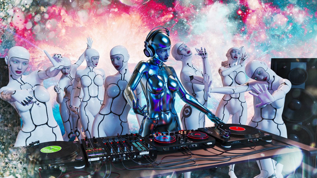Robots dancing to music by robot woman disc jockey 